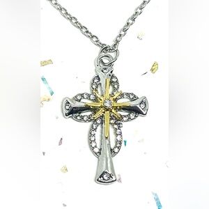 Clear Crystal Rhinestone Gold Starburst Silver Pltd Vintage Style Cross Necklace